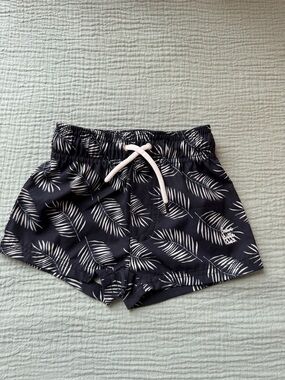 Kids Black Palm-Print Swim Trunks with Drawstring